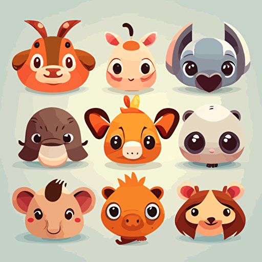 10 cute cartoon vector style animal head for kids without background