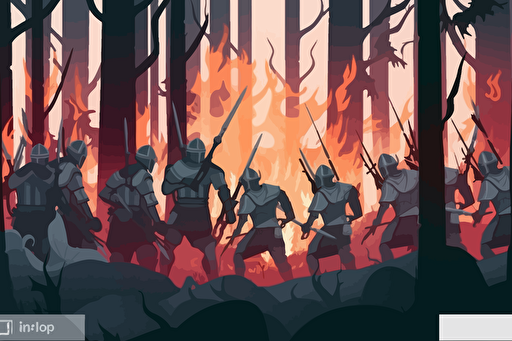 Fantasy retro cover art of medieval troops with torches surround by darkness, close up view of the troops, worried facial expressions, spiderwebs, horror, diablo, gloomy, atmospheric, fog, dark pinetrees, retro 90s box art, vector style, pixel art.