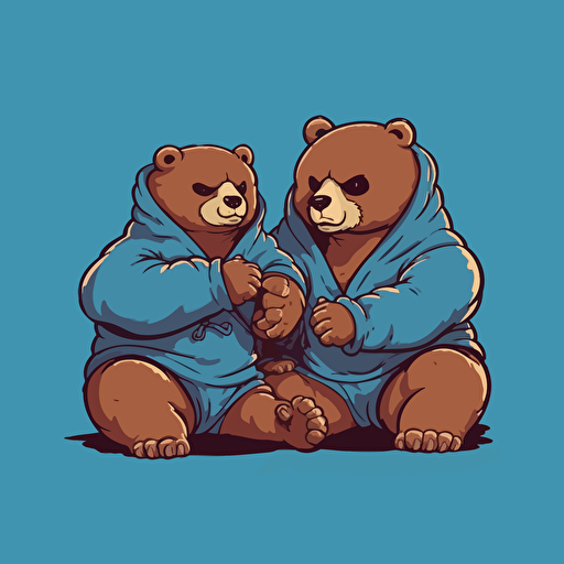 2 Bears wrestling. First Bear is layed out flat on the ground. Second Bear is standing slightly kneeling with one knee on First Bear's stomach, Both Bears wearing jiu jitsu clothes,, vector animation illustration, 4 colors limit, solid background, high resolution