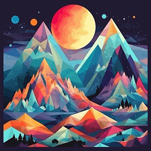 hand drawn mountain and moon triangular vector poster design elaborate bright colors, happy and full of life