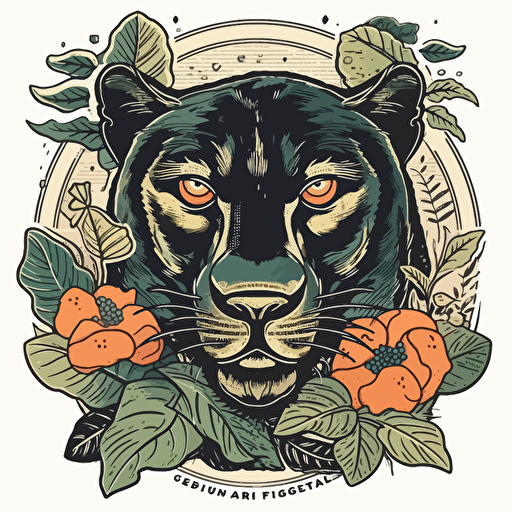 japanese retro style package label front view illustration of an angry panther face vectorized draw, amazonian elements, forest around, with botanical flowers, with an coca leaf arc around the panther, perfect shapes, illustrator, , behance white background