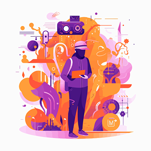 flat modern vector image of the concept of immersion, complemenatry colours, bright orange and purple, high resolution, white background, creative visualization, detailed