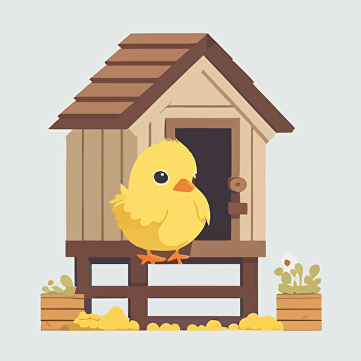 chicken coop, baby yellow chick, white background, flat color vector art