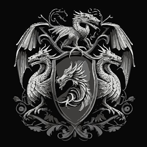 coat of arms game of thrones style. black and white vector illustration. 3 dragons in harmony.