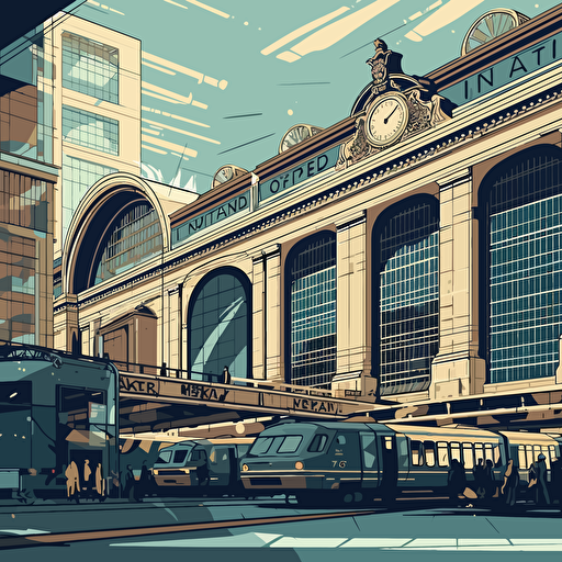 a flat illustration of a Grand Central Station in New York City by killian eng, adobe illustrator, vector, poster