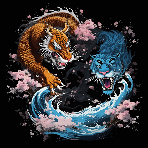 blue Chinese style dragon fighting a giant tiger. Asian style art. High detail. Paint splatter. Drips. Over spray. Cherry blossoms. Vector image. Drawing. Black background.