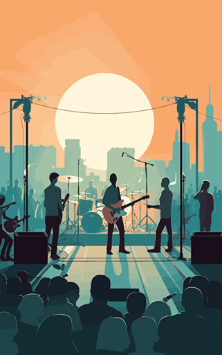 simple vector design of a band performing on the big stage in the city, sunny bright day