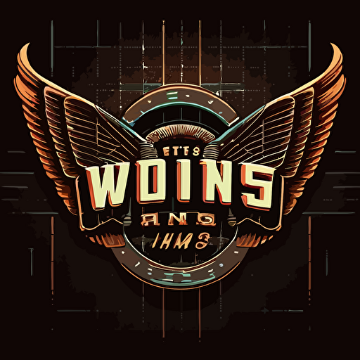 a logo for a retro-futuristic sports bar called "Wings" which must have the text "wings". It should be retrograde vector image with blade runner themes.