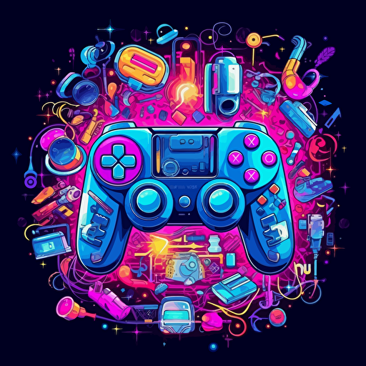 game controller, surrounded by information motifs, 2d vector, neon colours, epic composition, vector design on the edges of the image
