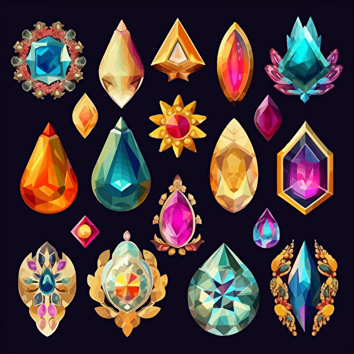 Collection of mythological cut jewels, hindu, translucent, shiny object, high detail, symmetrical, vector, cartoon