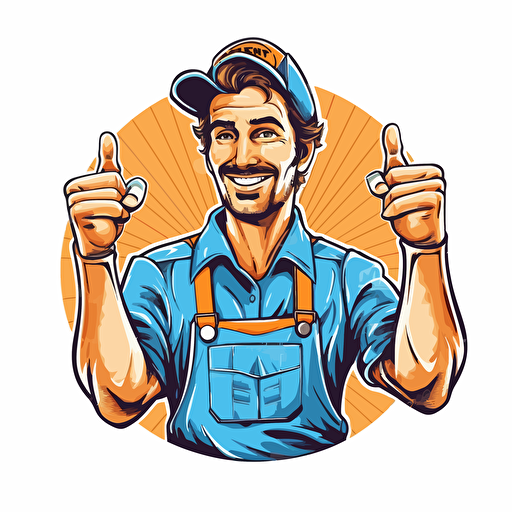 logo, handyman, hand up with tool, vector, cartoon, white background, vibrant style, happy man