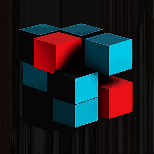 minimalist, vectorized, blue and black colors, print layer , delicacy, 5 small cubes on a straight line each with different shades of red, black background