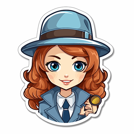 Sticker, Happy Colorful female detective, long reddish auburn, blue eyes, kawaii, contour, vector, white background