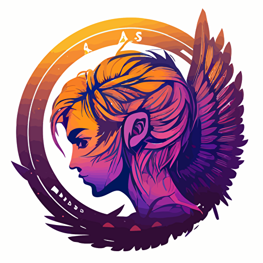 logo for young digital artist Artariyes in takeshi Murakami style, no faces, vector, wings in circle, gradient purple orange