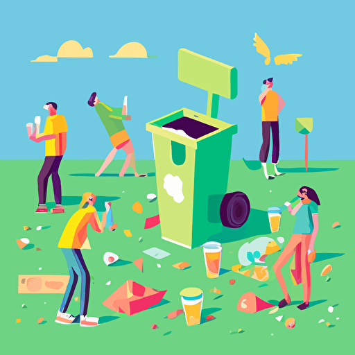 vector illustration of a social district, people drinking, people talking, a person throwing trash on the ground, a person throwing their trash in a receptacle, blue sky, green grass, yellow receptacle