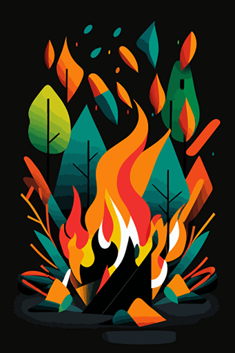 abstract campfire, simple shapes, orange, blue and green colors, pop art deco illustration, hand vector art, black background,