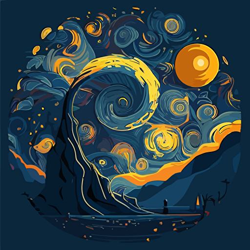 Produce a vector art version of "The Starry Night" by Van Gogh in a modern, abstract style, focusing on the movement and energy of the original piece.