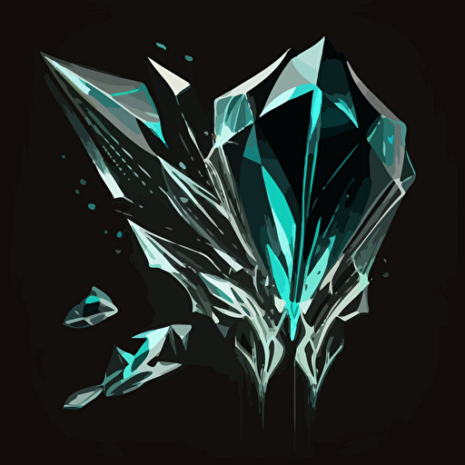 illustration stylized vector art, black and white with turqoise accents, organic faceted reflective glowing crystal hovering above a black background