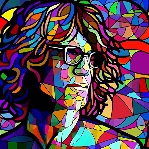 vector, longer than shoulder legnth shaggy wavy hair, wearing glasses, colorful stained glass background