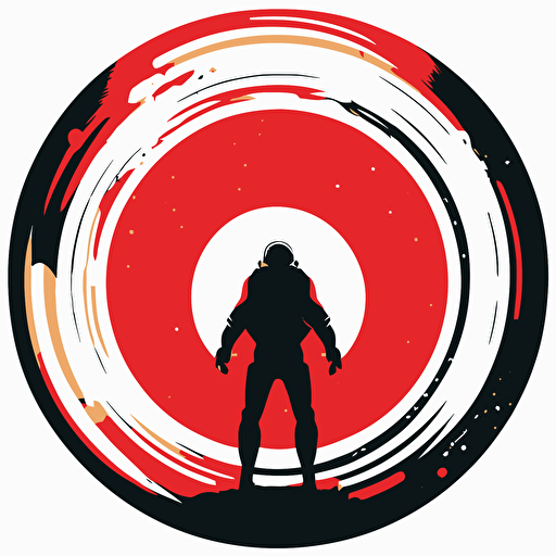 Astronaught standing straight up, arms wide, inside flat vector logo of circle, red black gradient, simple minimal