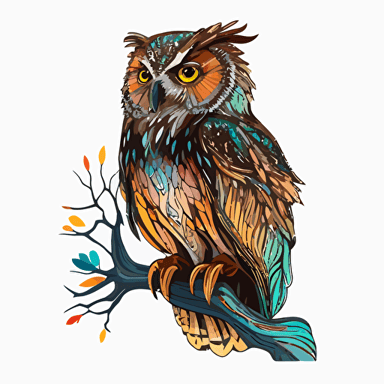 Owl, boho, Sticker, Colorful, Contour, Vector, White Background, Detailed