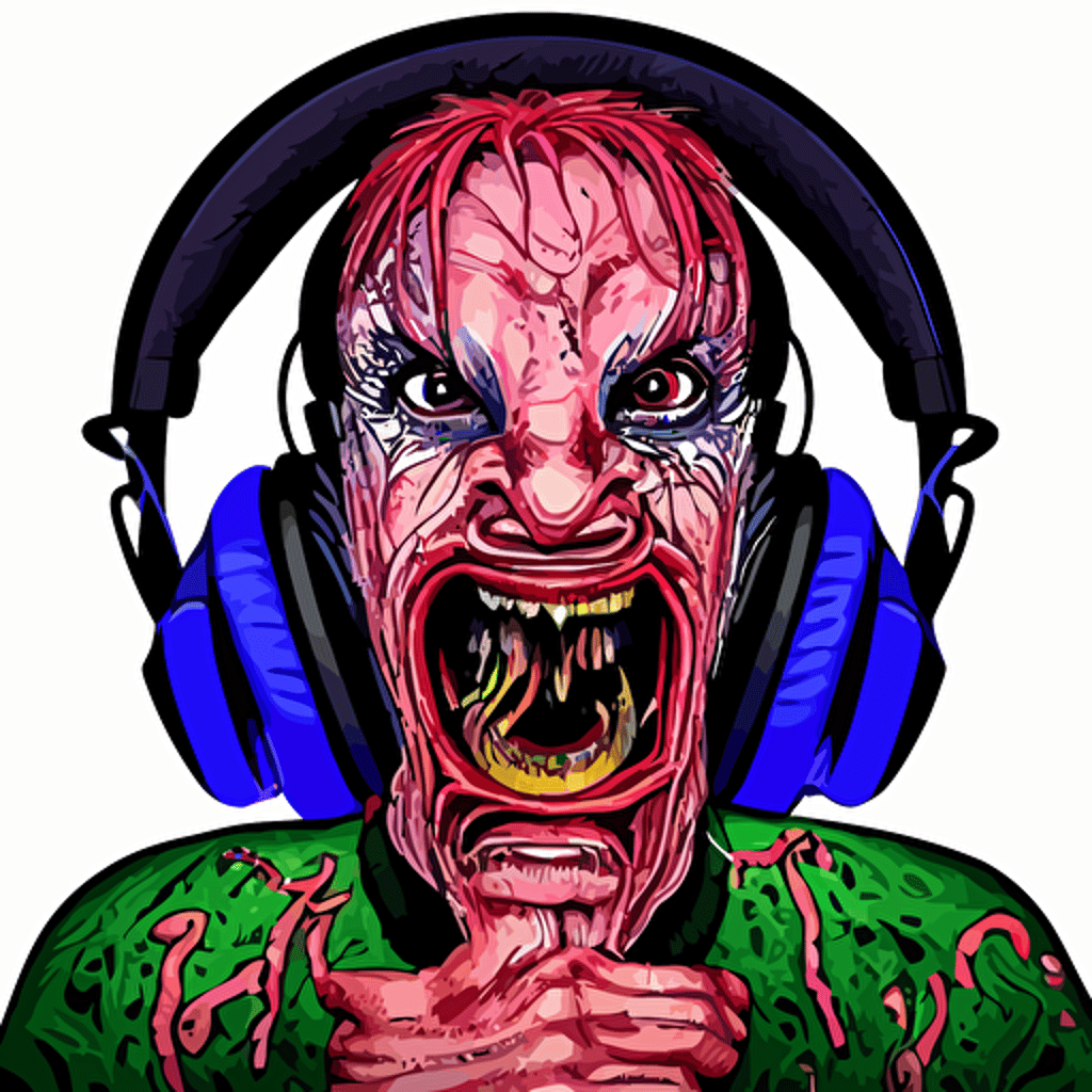 artgerm psychedelic laughing cronenberg friendly looking horror creature rocking headphones dj rave digital artwork r crumb svg vector