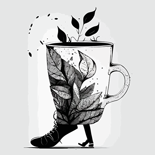 an illustration of a cup of tea with legs , 1 leaf in his hand. black and white. outline, vector, imprefeect stroke. modern, cool, creative