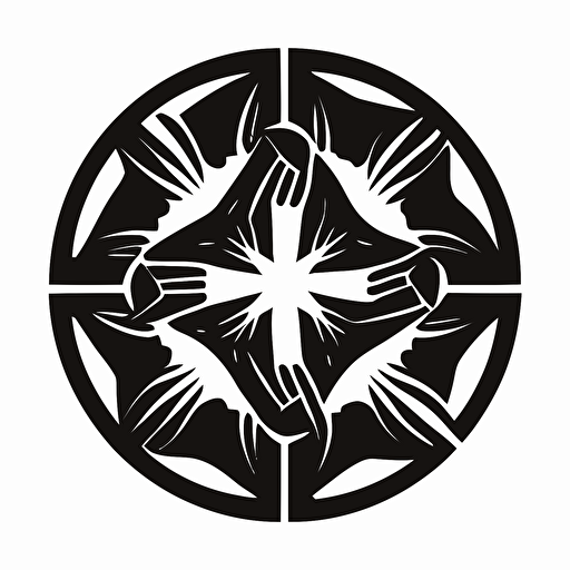 flat vector logo black outline, 6 hands joined in a circle, symbolizing community togetherness.