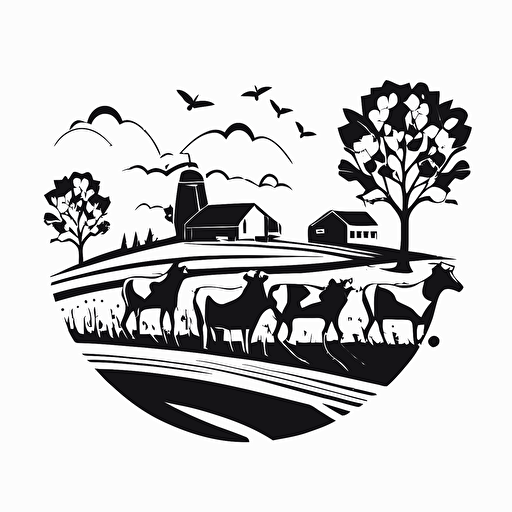 rolling feilds farm with cows in style of charles williams, black and white, flat, vector, line drawling, white background ar 1:1
