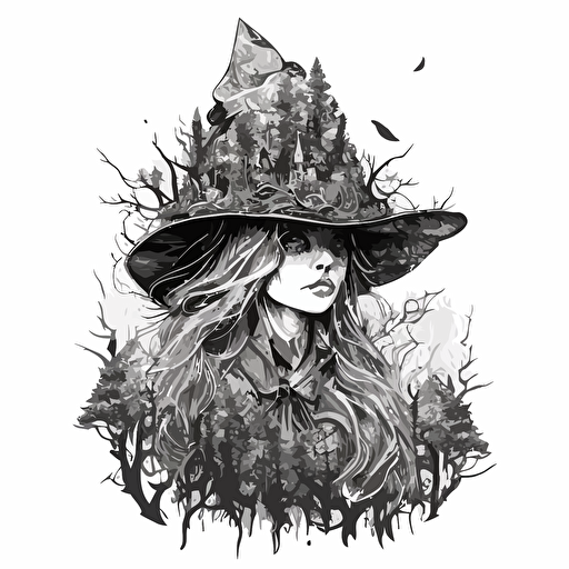 stunning apocalyptic witch with hat, forest over taking the world, highly detailed, Pencil Drawn, Contour, Vector, White Background, Detailed