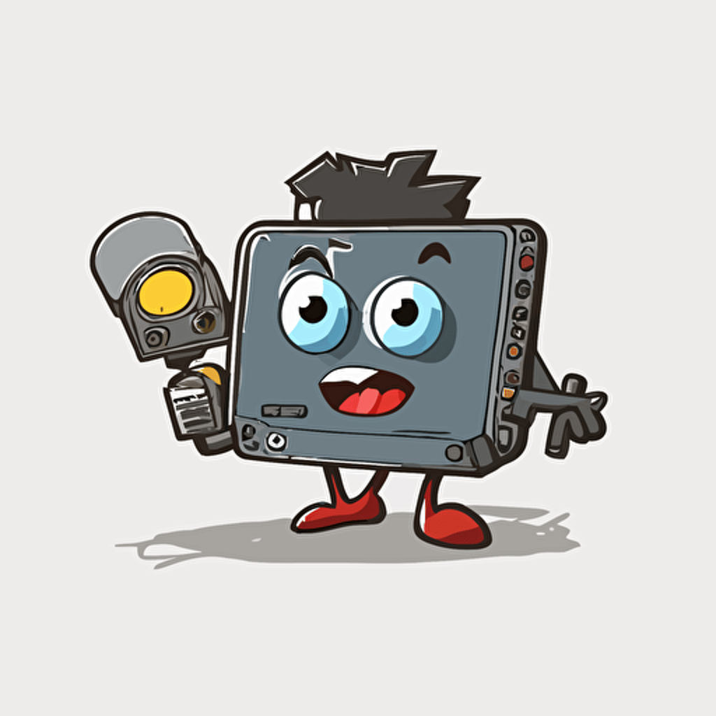 a vector logo of a funny cartoon film slate with legs, holding a cinema camera, logo design, clean, cartoon, highly detailed on a white background
