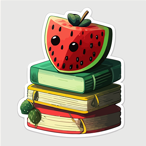 Sticker art, vector art, a stack of books with an watermelon on top