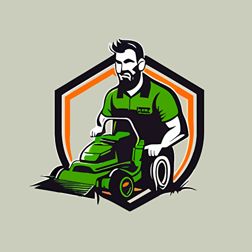 a mascot logo of a man with lawn mower, simple, vector