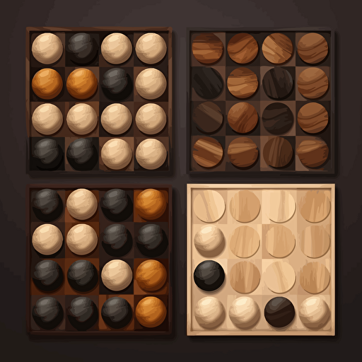 vector based checkers pieces for checkers game. wooden, wood grain, dark and light, with board layout too. Show induvidual pieces off of board