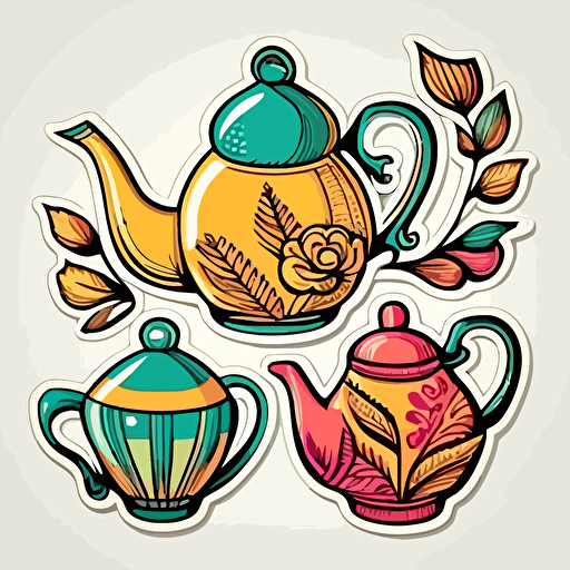 Tea set, Sticker, Happy, Saturated Colors, Naive Art Style, Contour, Vector, White Background, Detailed
