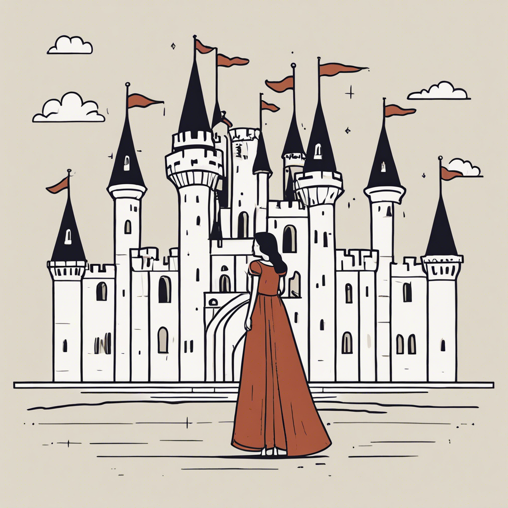 a princess standing in front of a castle, illustration in the style of Matt Blease, illustration, flat, simple, vector
