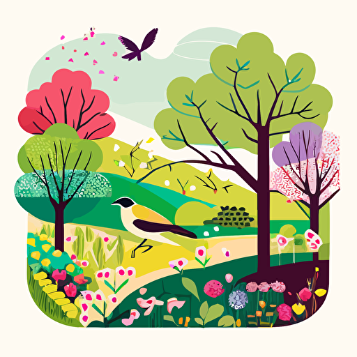 flat vector of spring scene with block colours. Bright with a light background