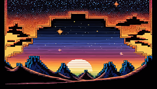 2D Vector, 1970s poster, 8bit pixel art, liminal space backdrop with border, mostly empty, cosmic stars, high definition, soft gradients