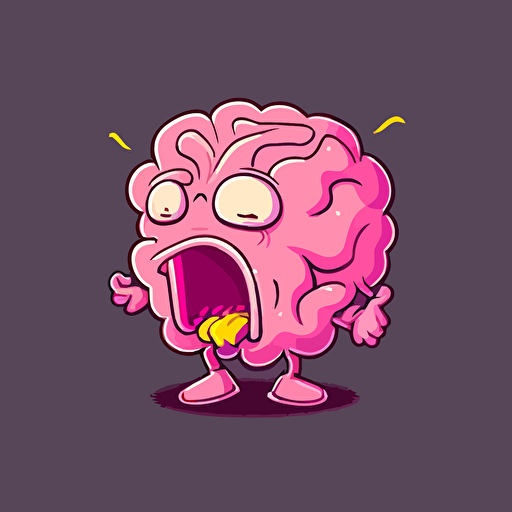a pink Cerebrum with the wrinkles. the cerebrum should be in 2d vector. cute. mouth dribbling rainbow out of the mouth downwards. in the style of adventure time. cute white eyes at the front of the brain. the brain should be high on drugs
