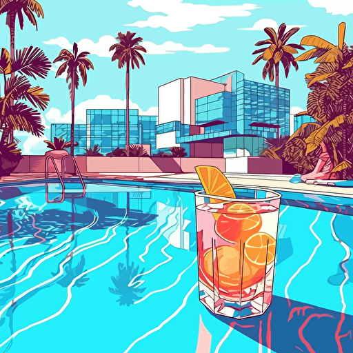 80's, poolside, city pop, palm trees, California, cocktails, vector art