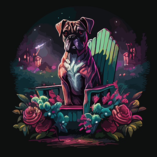 Create a detailed avatar of a boxer dog mascot sitting in a chair facing the foregorund, surrounded by magical glowing plants shrubs and roses, with a view of a abandoned city in the background, set from vacant woods in the foreground, trees, dead roses, clouds, broken carnival rides in the distance. Incorporate a gloomy and dreadful vibe to evoke a sense of eerieness and wonder. Use a digital painting style reminiscent of Thomas Kinkade and James Gurneya illustration, drawing, flat illustration, vector style