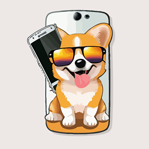 Kawaii cute happy dog wearing handphone sunglasses, professional Sticker Design vector, contur white background