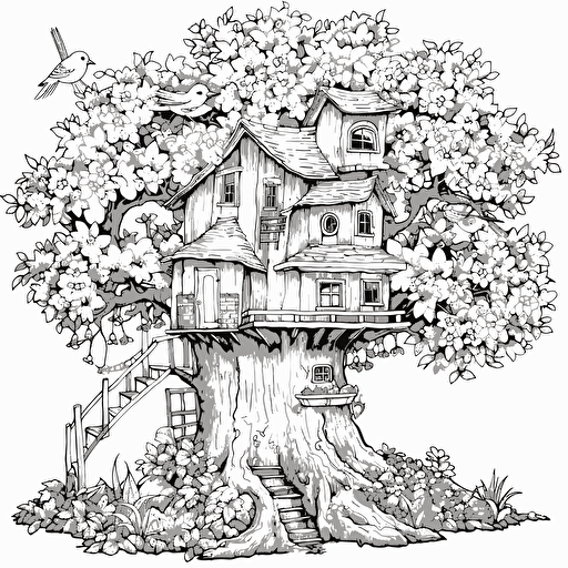 big tree, tree house, birds, flowers, sun, vector image, coloring page