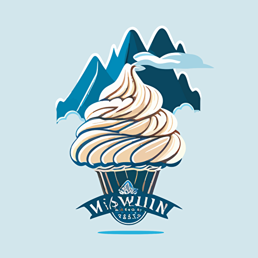 Vector logo of whisk with whipped cream on top that looks like a showy mountain. Colors are blue and vanilla. Simple forms. No clouds