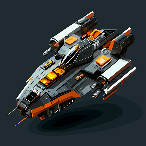 futuristic space ship from the Expanse tv show, top down, isometric, orange and grey, black background, minimalistic, vector