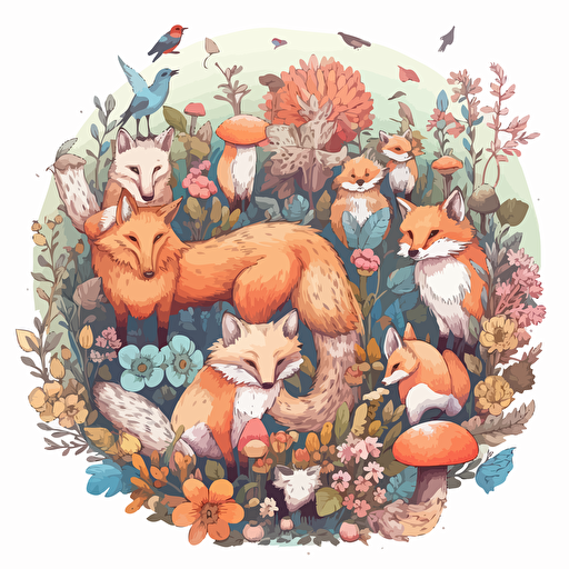 fairycore furry woodland animals with a surrounding floral design in detailed drawing style + simple vector + bright colors on a white background