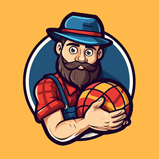 cartoon logo of lumberjack holding a backetball simple vector blue red yellow