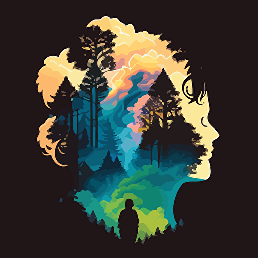 an intricate traveler's silhouette surrounded by a towering cloud forest in vibrant, vectorized style