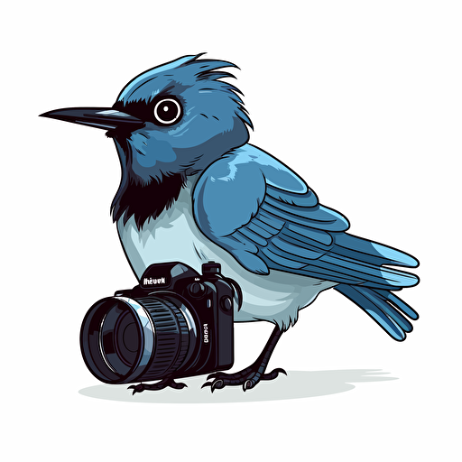 a DSLR camera with a cute apus apus bird perched on top, white background, vector logo, vector image, simple, three color, blue, black, white,