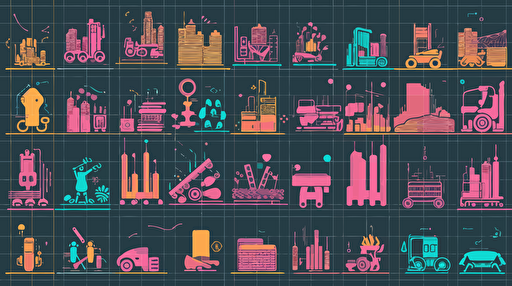 Generative AI impacting a variety of different industries. Vector art. AI moving from the left hand side, into a variety of squares representing different use cases on the right hand side.